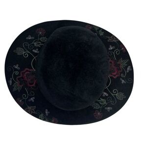 Louise Green Wide Brim Hat Black Floral Embroidered Boho Wool Felt Round Crown